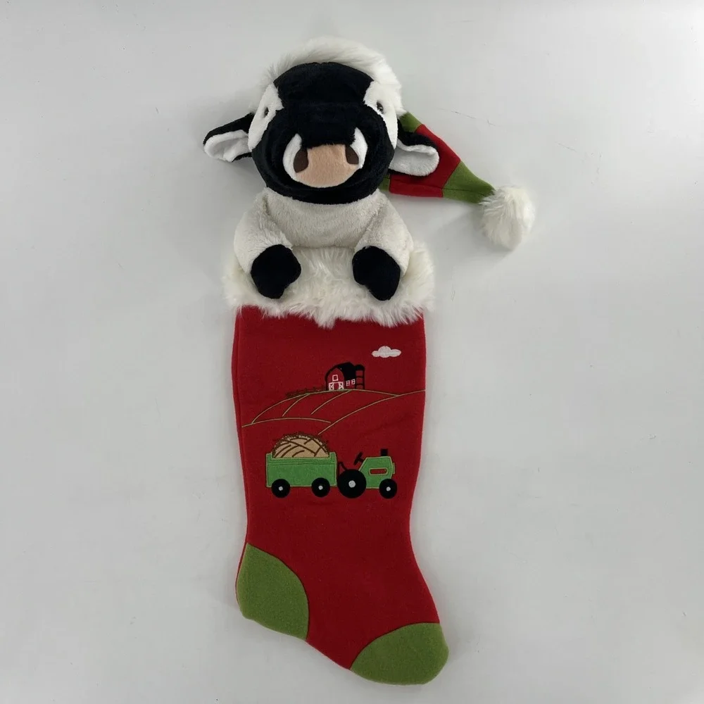 Cow 3D Plush Christmas Stocking Santa Hat Barn Tractor Applique Embroidered, 28